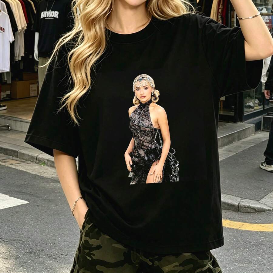 Sabrina Inspired Graphic T-Shirt, Unisex Retro Pop Style Graphic Print, Short Sleeves, Breathable, For Going Out And Concerts - Black - View 1