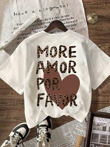 女款大尺碼休閒圓領短袖T恤，印有「MORE AMOR POR FAVOR」豹紋圖案，白色上衣，適合秋季/返校季/夏季 - 白色 - View 1
