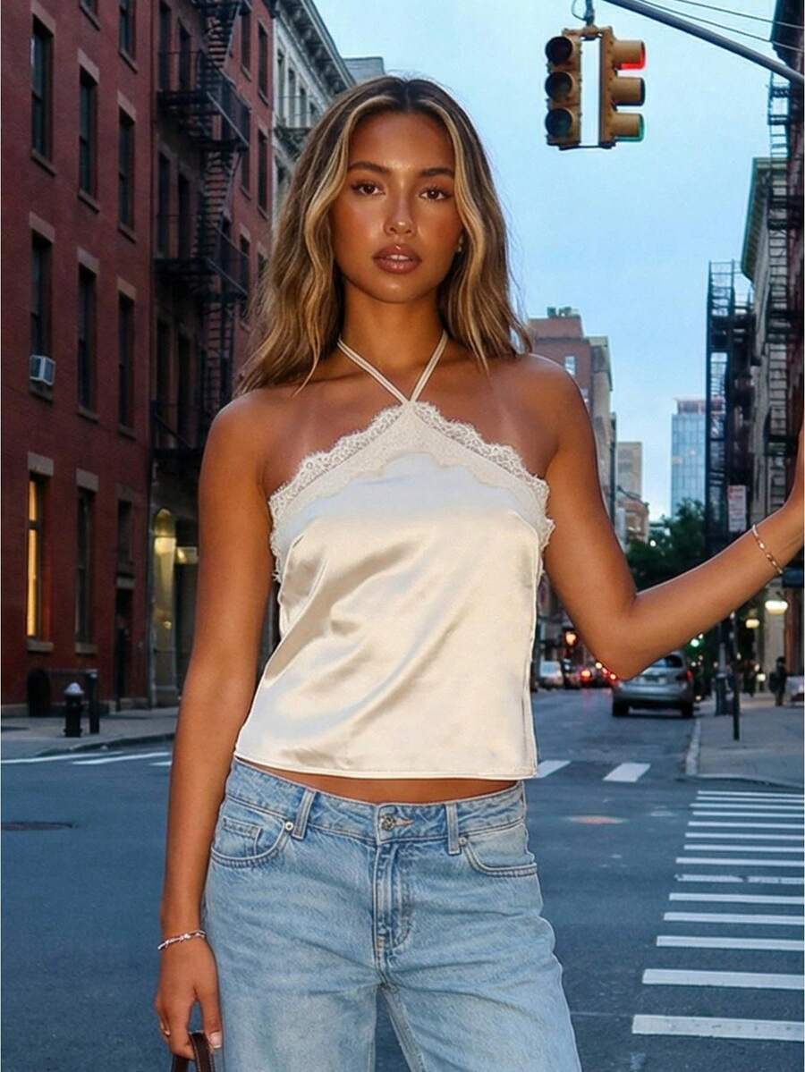 Women Tank Tops Halter Neck Sleeveless Lace Trim Summer Satin Vest For Daily Vacation Beach - Rượu sâm banh - Xem 1