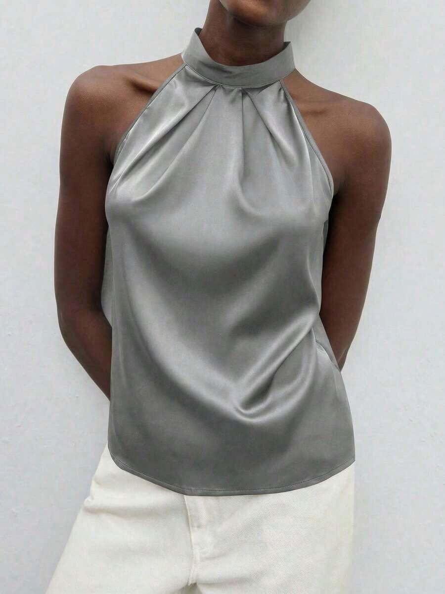 Blusa holgada de unicolor de estilo minimalista, elegante y urbano para uso diario, con estilo romántico retro de los 90, adecuada para Navidad, Año Nuevo, San Valentín, fiestas, playa, graduación, moda, carnaval, vacaciones, invitados de boda, br - Gris - Ver 1