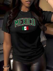 1 Piece Women's Vintage Style Mexican Flag Graphic Print T-Shirt, National Pride, Round Neck, 100% Cotton, Urban Style, Summer Clothing, Vintage T-Shirt. - 黑色 - 查看 7