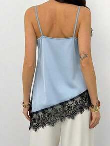Camiseta elegante y sexy de mujer con estampado de leopardo y encaje en contraste, camiseta de estampado de leopardo elegante, top de fiesta, atuendos de playa y vacaciones para mujeres, top para salir - Celeste - Ver 2