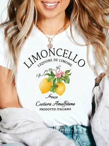 Limoncello Italian Lemon Liquor Graphic T-Shirt, 100% Cotton Oversized Soft Breathable Casual Crewneck Short Sleeve Top, Vintage Summer Vibes Tee For Women & Italy Lovers - 白色 - 查看 1