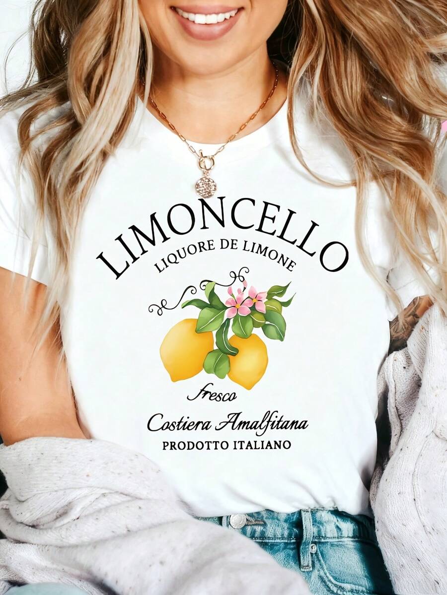 Limoncello Italian Lemon Liquor Graphic T-Shirt, 100% Cotton Oversized Soft Breathable Casual Crewneck Short Sleeve Top, Vintage Summer Vibes Tee For Women & Italy Lovers - 白色 - 查看 1