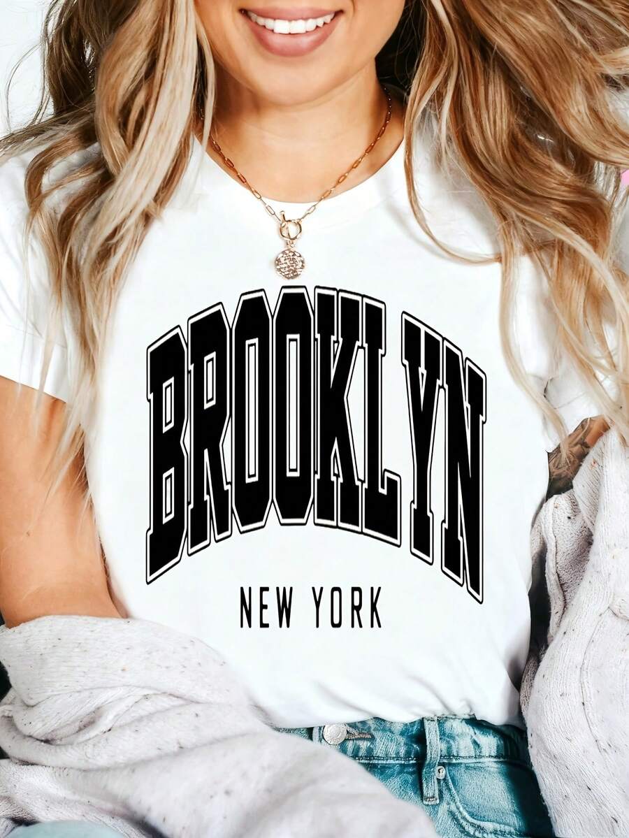 Brooklyn New York Graphic T-Shirt, 100% Cotton Oversized Soft Breathable Casual Crewneck Short Sleeve Top, Retro Streetwear Style Tee For Women & City Lovers - 白色 - 查看 1