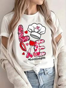 Women's Valentine's Day Graphic Love T-Shirt - Kitchen Utensil Inspired Heart Design, Crew Neck, Short Sleeve, Casual Elastic Fit For Spring & Summer, Machine Washable, Valentine's Day T-Shirts, Festive Clothing, Fun Print, Easy Care, Printed Shirt, Summer Wardrobe - 白色 - 查看 1