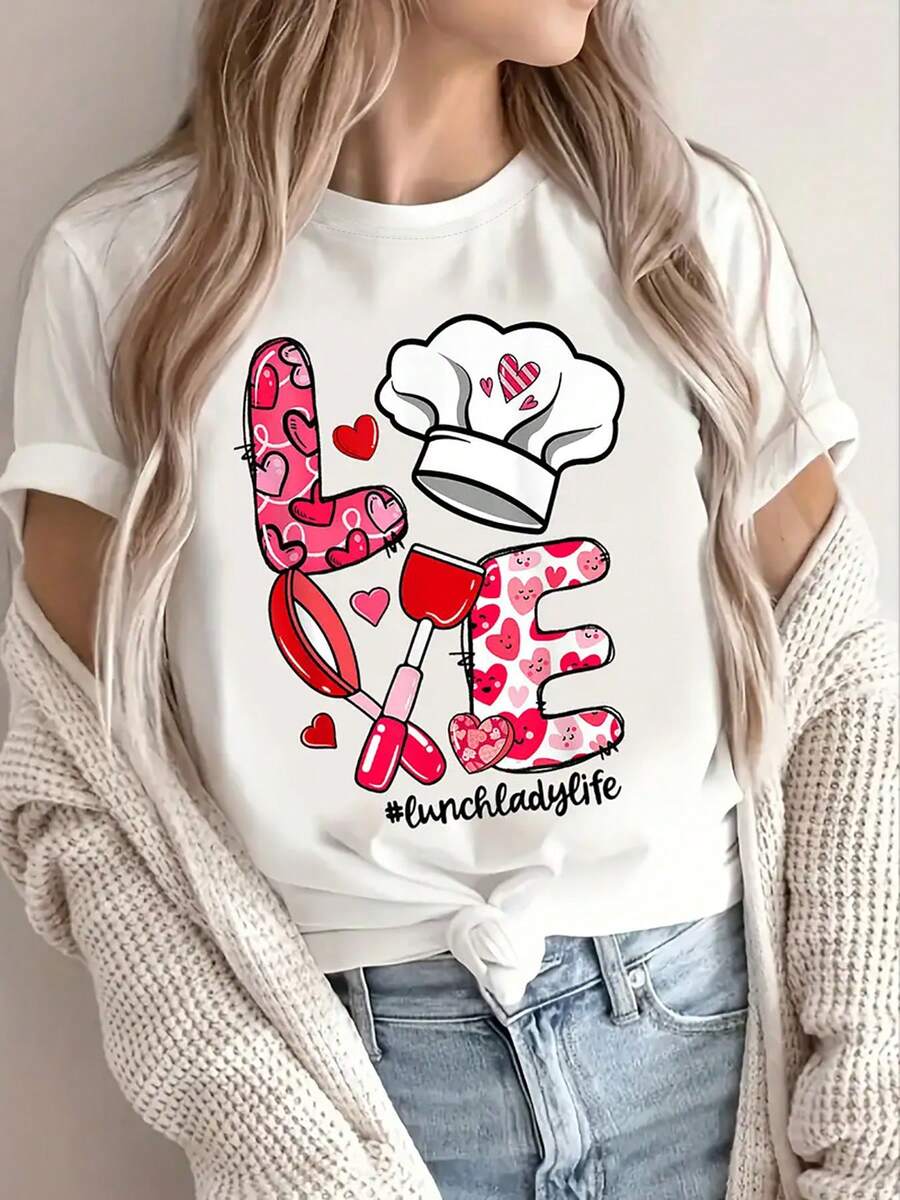 Women's Valentine's Day Graphic Love T-Shirt - Kitchen Utensil Inspired Heart Design, Crew Neck, Short Sleeve, Casual Elastic Fit For Spring & Summer, Machine Washable, Valentine's Day T-Shirts, Festive Clothing, Fun Print, Easy Care, Printed Shirt, Summer Wardrobe - 白色 - 查看 1