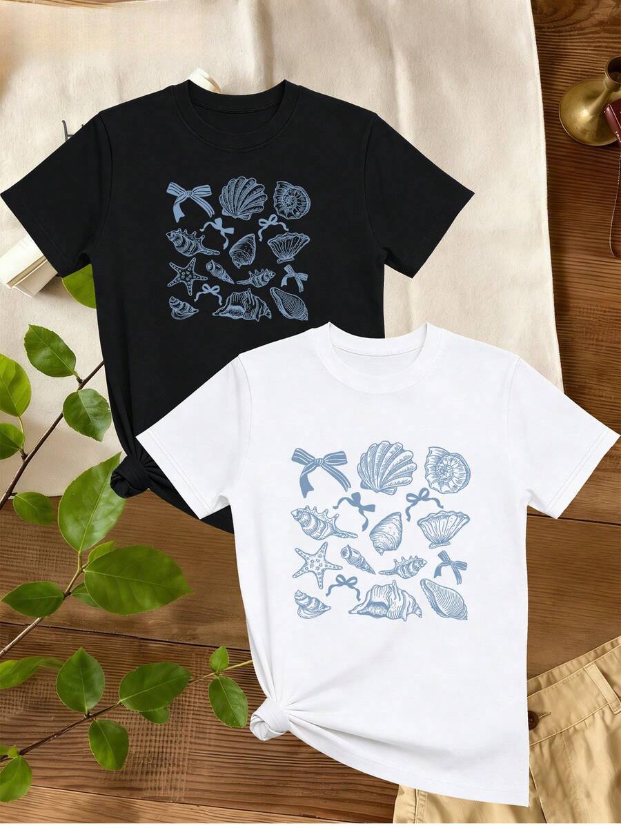 Women's T-Shirts, Women's T-Shirts, Women's Casual One-Piece T-Shirt With Sea Creature Print, Shells, Starfish And Bows, Comfortable Top [One-Piece Set]. # ] - 1件黑色隨機圖案 - 查看 1