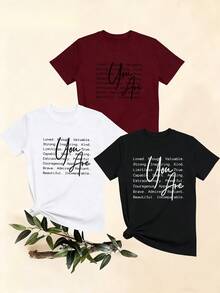 Women's T-Shirts, Women's T-Shirts, Casual One-Piece T-Shirt For Women With Inspirational Text Print, Comfortable, Modern And Versatile Round Neck Short Sleeve Top. - 1件黑色隨機圖案 - 查看 1