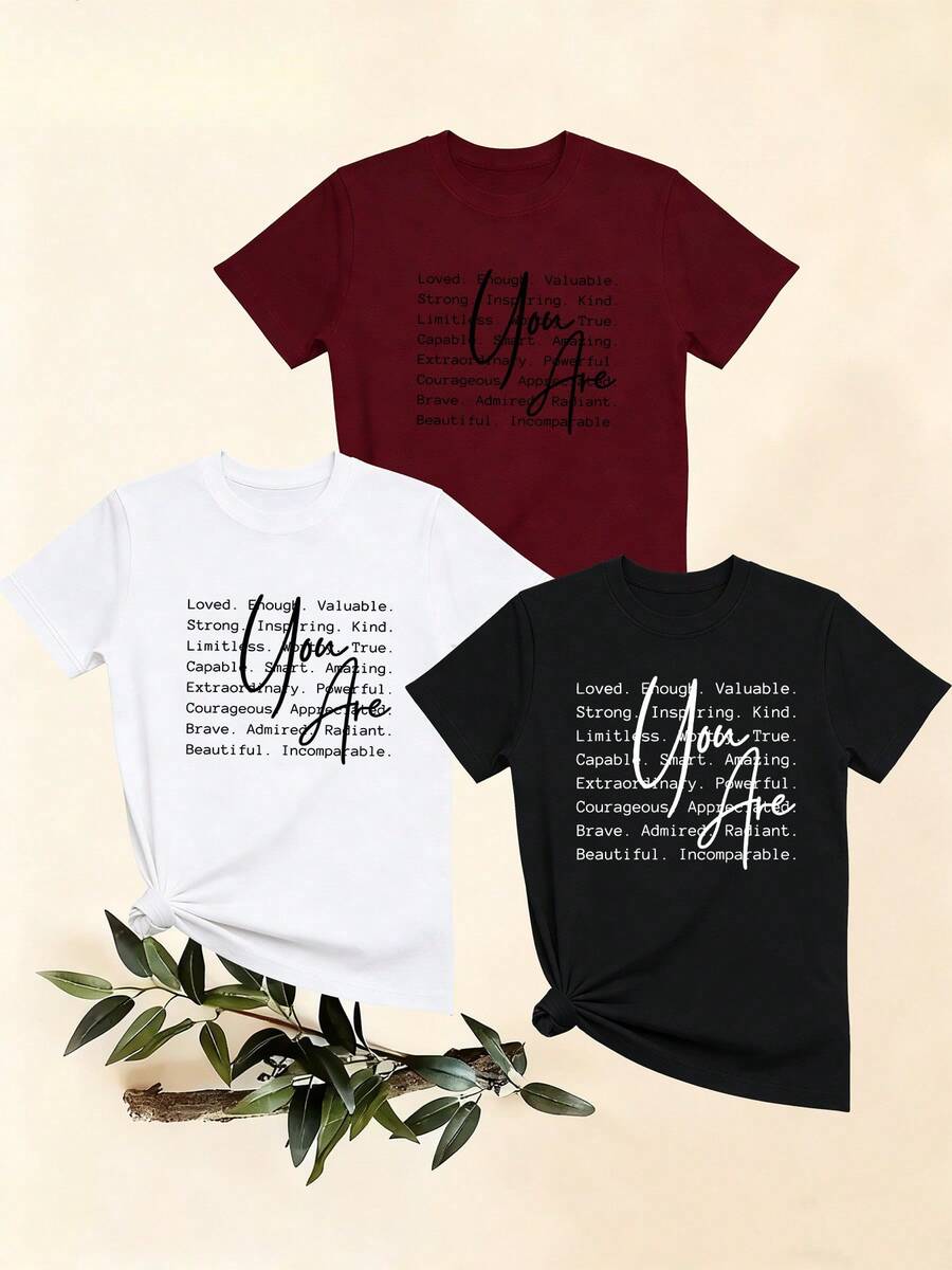 Women's T-Shirts, Women's T-Shirts, Casual One-Piece T-Shirt For Women With Inspirational Text Print, Comfortable, Modern And Versatile Round Neck Short Sleeve Top. - 1件黑色隨機圖案 - 查看 1
