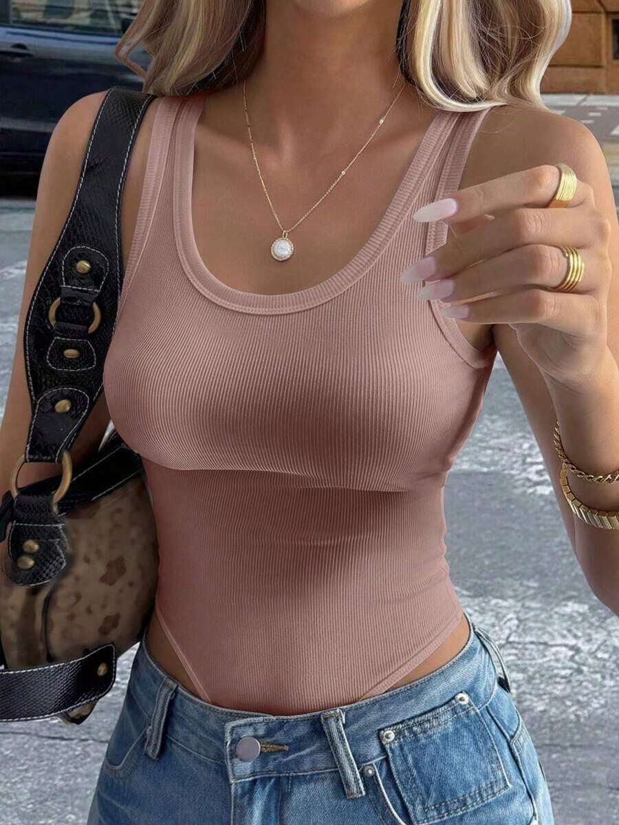 Mono de lunares acanalado sexy estilo Y2K, top ajustado sin mangas de cuello en U, mono acanalado de lunares estilo retro americano - Rosa vieja - Ver 1
