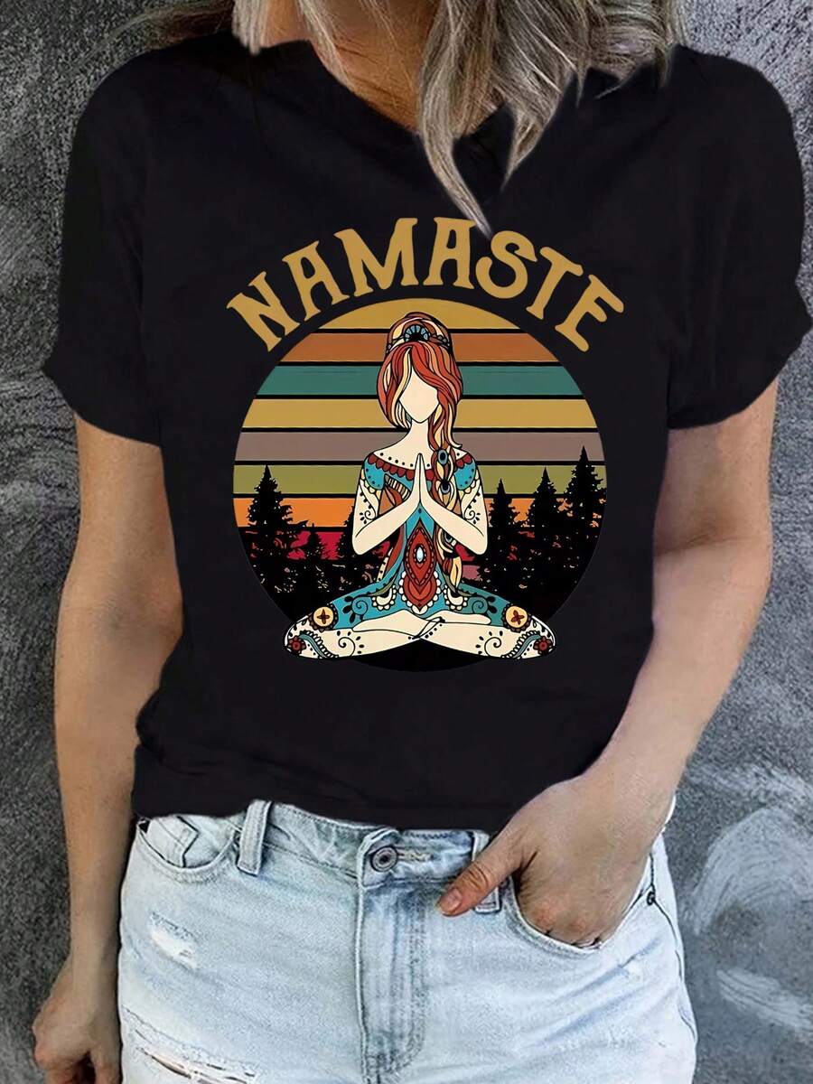 Namaste Women's Graphic T-Shirt - Short Sleeve Crew Neck With Pose Print, Breathable Medium Elasticity Fabric Ideal For Summer And Spring, Casual Study Outfit Or Casual Wear - Machine Washable T-Shirt - 黑色 - 查看 1