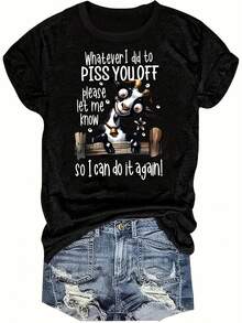 Camiseta de Talla Grande para Mujer con Estampado de Vaca y Letras - Blusa Casual de Manga Corta y Cuello Redondo, Ajuste para Todas las Estaciones, Lavable a Máquina, Ideal para Capas o Outfits Solos - Tallas Grandes (Diseños de Vaca y Letras) - Negro - Ver 2