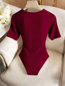 Body elegante y casual para mujer, body de manga corta y cuello redondo para uso diario - Burdeos - Ver 2