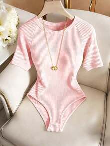 Body elegante y casual para mujer, body de manga corta y cuello redondo para uso diario - Rosa - Ver 8