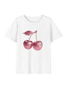 This Relaxed-Fit, Crew-Neck, Short-Sleeved T-Shirt Is Perfect For Summer. It Features A Fun And Stylish Retro Print Of Metallic Cherries With A Diamond Effect That Spells Out "LOVE." Ideal For Vacations, The Office, Outings, Everyday Wear, Dates, Parties, Meetings, And Urban Looks. A Versatile Piece With A Casual And Sporty Style, It Makes A Great Gift For Any Occasion. - 白色 - 查看 2