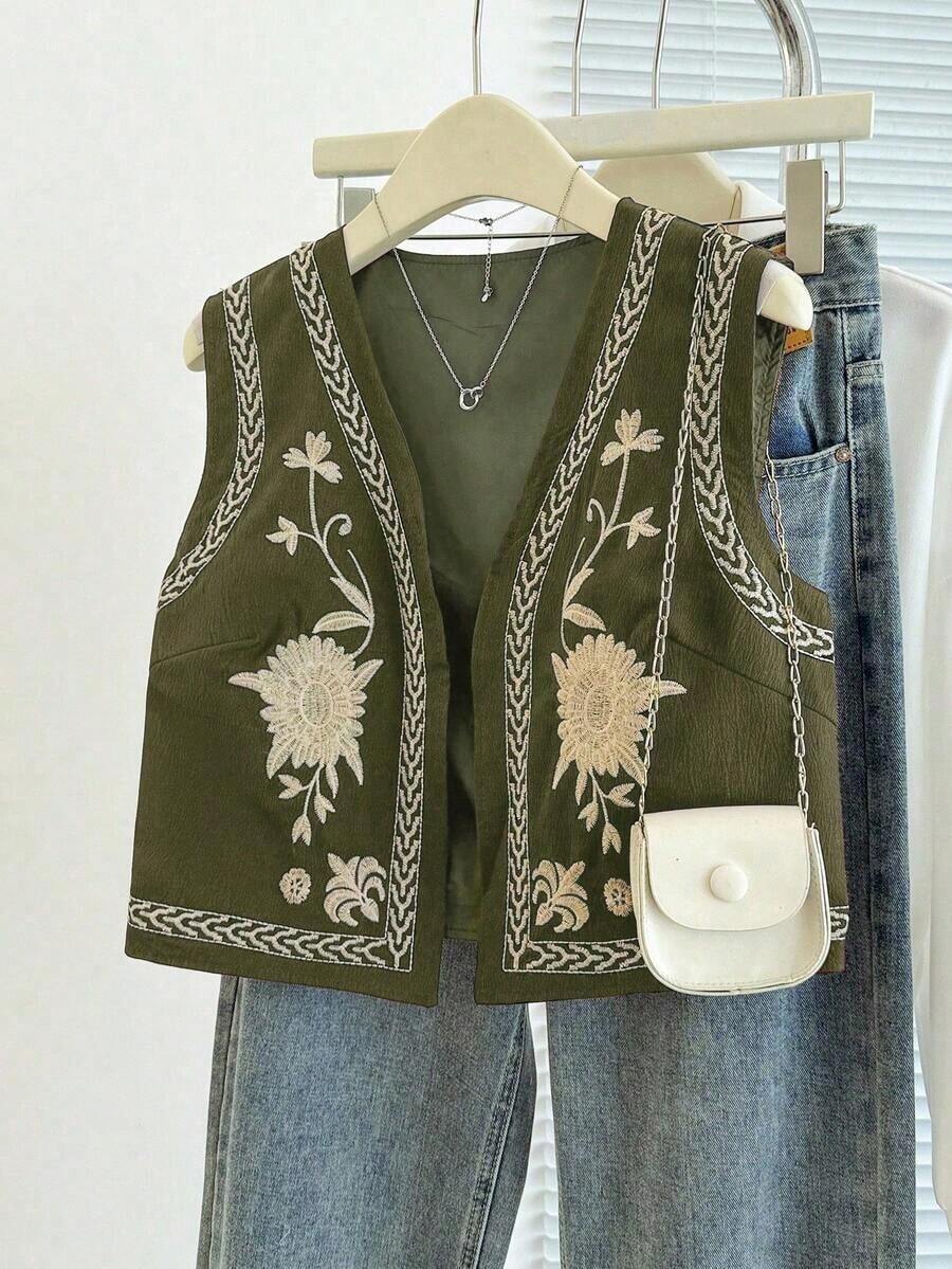 Chaqueta sin mangas con bordado floral para mujer - Verde militar - Ver 1