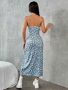 Vestido de playa para mujer con tirantes spaghetti y divisiones de tejido de punto impreso - Niebla azul - Ver 2