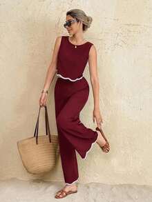 Conjunto de 2 piezas de top de tirantes y pantalones de moda casual de vacaciones para mujer - Burdeos - Ver 4