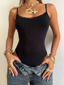 Body de encaje con parches, versátil para uso diario casual de mujer - Negro 2 - Ver 5