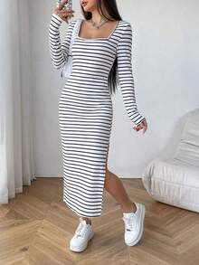 Vestido ajustado de cuello cuadrado de rayas apretadas en blanco y negro - Blanco y Negro - Ver 3