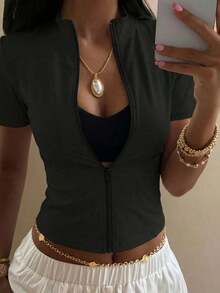 Chaqueta de manga larga de cuello alto elástico de unicolor entallada, ropa deportiva y casual, primavera/otoño - Negro 7 - Ver 3