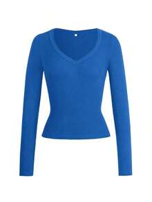 Women's Fitted And Sexy Knit Top, Long Sleeve, V-Neck, Solid Color, Casual Spring T-Shirt, White. - 寶藍色 - 查看 3
