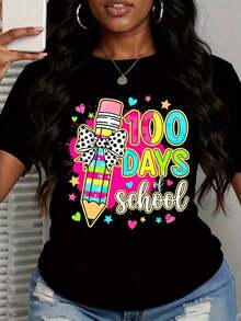 1 "100 Days Of School" T-Shirt For Children And Teachers, Celebrate The 100th Day Of School With A Fun Pencil Design And Colorful Print For Students And Educators, 180g, 100% Cotton. - 黑色 - 查看 3