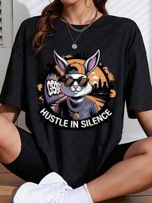 1 Black T-Shirt With "Rabbit Hustle In Silence" Graphic Print For Casual Use, 180g, 100% Cotton. - Black - View 7