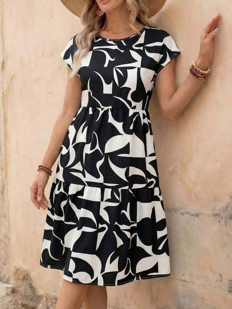 Vestido casual corto de manga corta con cuello redondo y estampado geométrico para mujer, primavera/verano - Negro - Ver 1