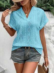 Camiseta suelta de mujer de manga de murciélago con escote en pico, de tela texturizada de unicolor, para verano y vacaciones - Azul - Ver 6