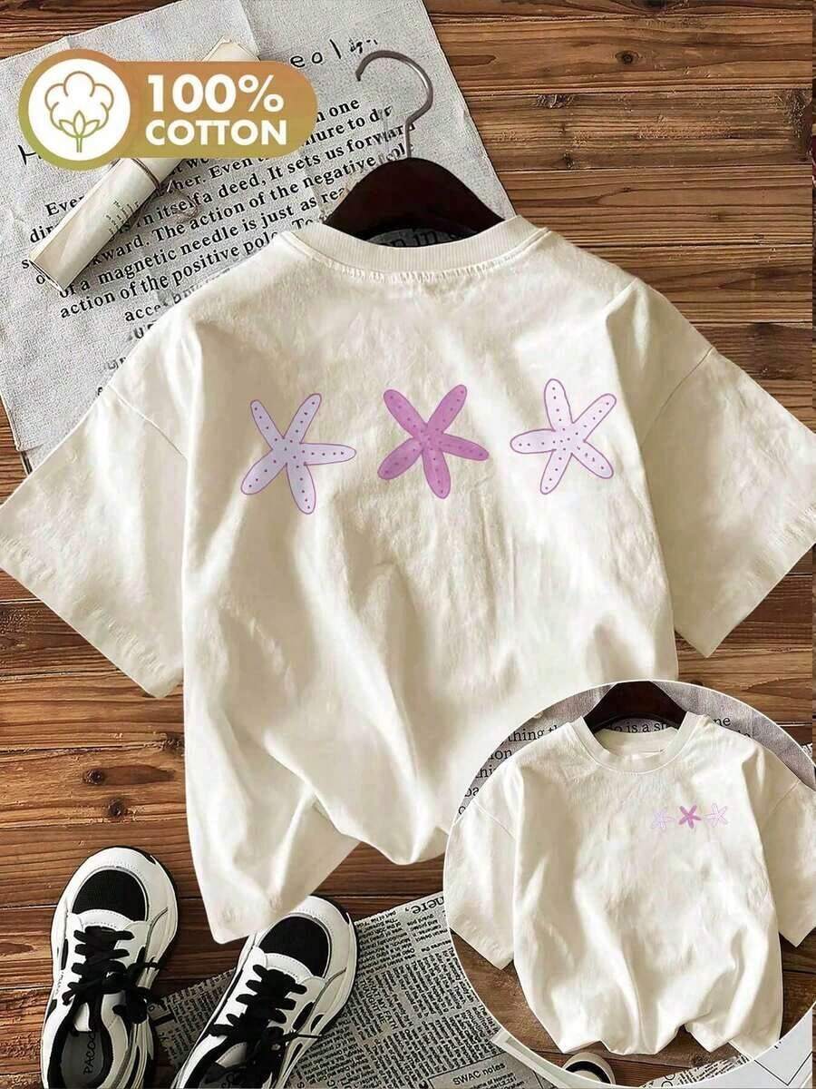 [Double-Sided Print] Fashionable Women's Top For Spring And Summer, With A Fresh Style Featuring Starfish And Polka Dots, Pink Printed Short-Sleeve Crew Neck T-Shirt [Chu K] - 杏 - 查看 1