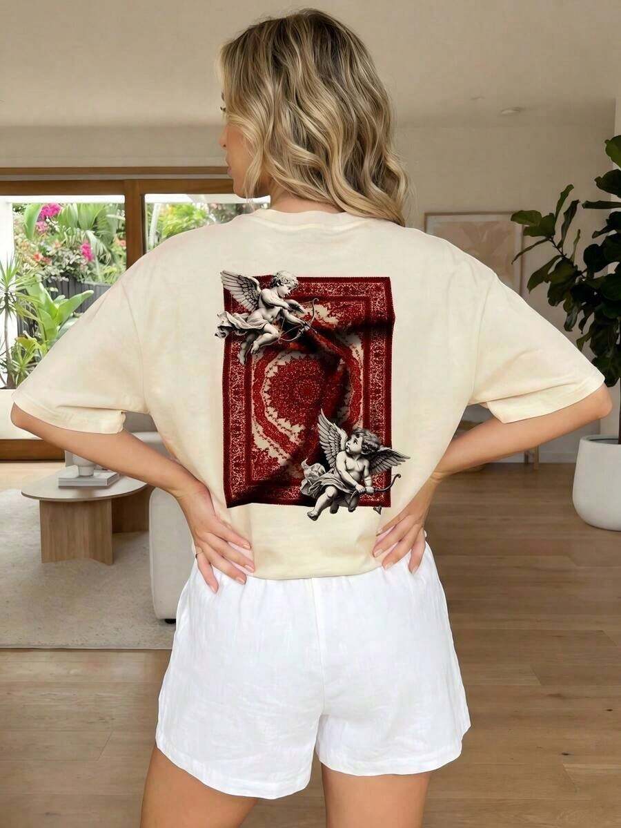 Classic Women's Short Sleeve T-Shirt With Round Neck And Letter Graphic, Casual And Versatile Style For Holidays, Elegant For Summer And Everyday Wear, Black - 杏子 2 - 查看 1