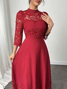 Vestido largo de manga larga con parches de bordado de ojal amarillo para mujeres - Burdeos - Ver 6