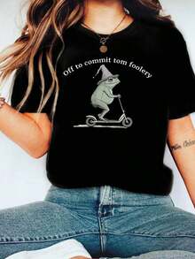 Camiseta Gráfica con Slogan de Rana Divertida para Mujer de Talla Grande, Casual de Verano - Negro - Ver 7