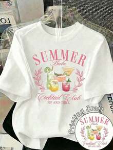 Camiseta de Verano para Mujer con Estampado Gráfico 'Babe Cocktail Club', Cuello Redondo, Manga Corta, de Poliéster, para Salidas de Verano YMII - Blanco - Ver 1