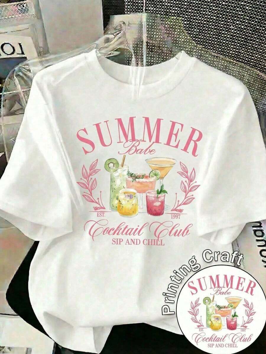 Camiseta de Verano para Mujer con Estampado Gráfico 'Babe Cocktail Club', Cuello Redondo, Manga Corta, de Poliéster, para Salidas de Verano YMII - Blanco - Ver 1
