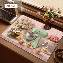 1 pieza Tapete de secado de platos, Tapete para máquina de café, Fondo a rayas rosa con decoración de pastel de color macaron, Patrón floral dulce Tapete absorbente de drenaje, Adecuado para mesa de comedor y cafetería, Almohadilla de drenaje multiusos, Regalo para el hogar, Decoración de escritorio - XYLSD-381 - Ver 2
