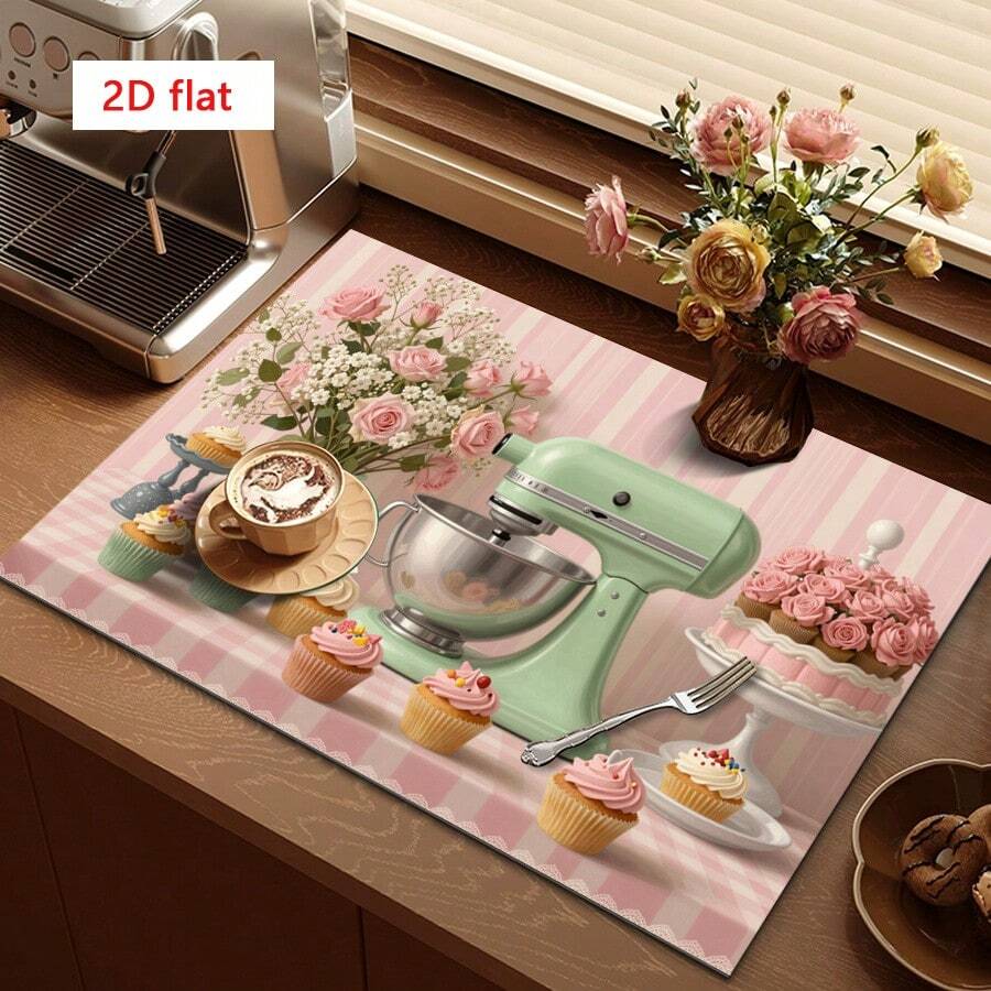 1 pieza Tapete de secado de platos, Tapete para máquina de café, Fondo a rayas rosa con decoración de pastel de color macaron, Patrón floral dulce Tapete absorbente de drenaje, Adecuado para mesa de comedor y cafetería, Almohadilla de drenaje multiusos, Regalo para el hogar, Decoración de escritorio