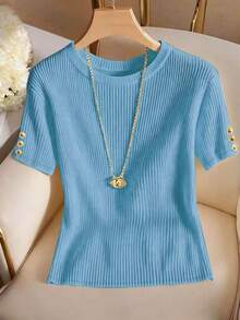 Elegante camiseta de punto de cuello redondo, top de punto minimalista de moda, primavera/verano - Azul - Ver 5