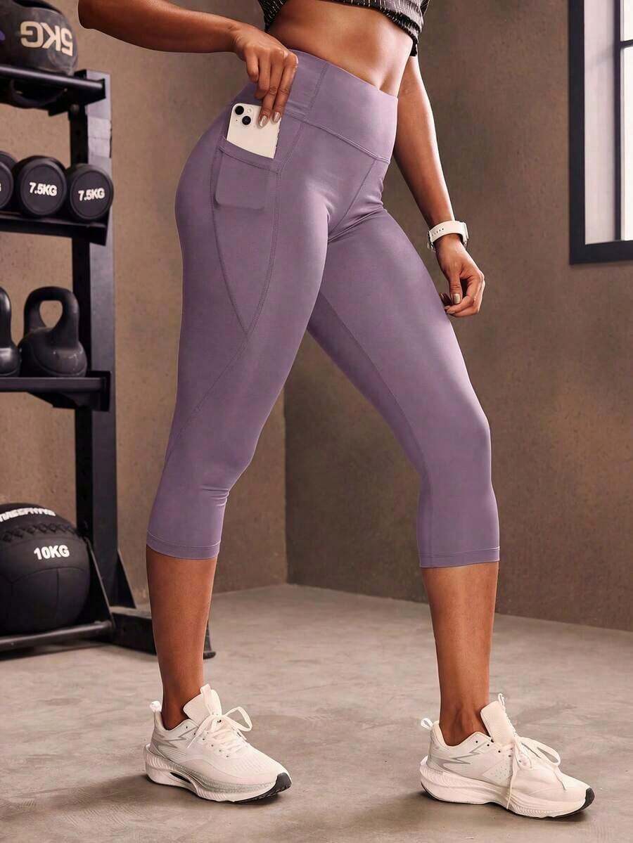 Mallas deportivas de cintura ancha con bolsillo para teléfono, pantalones de yoga para mujer - Púrpura malva - Ver 1