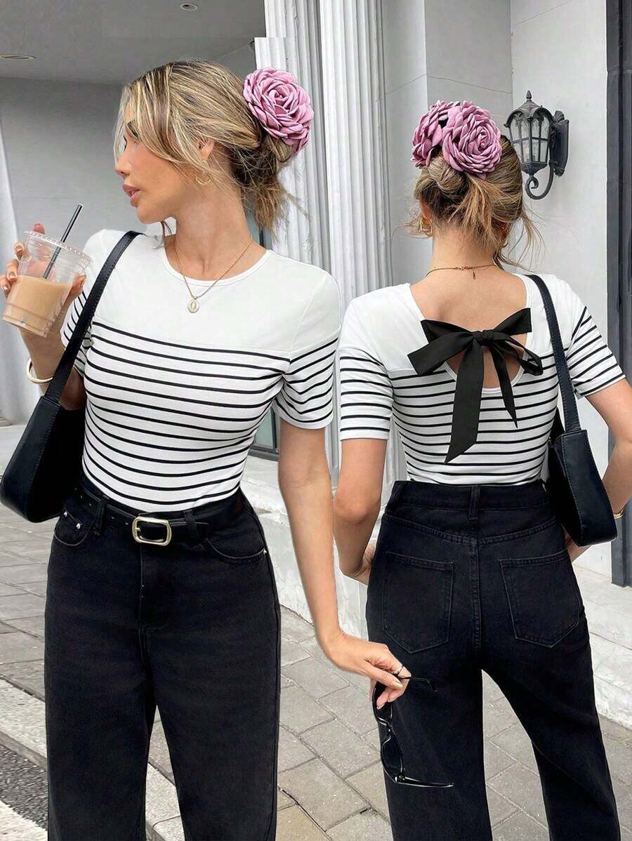 de mujer de manga corta con escote trasero a rayas francesas, ideal para primavera/verano - Blanco - Ver 1