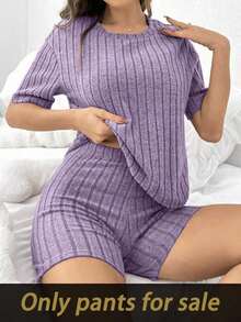 Pantalones cortos de estar en casa de mujer de unicolor acanalado y ajustado, pantalón de estar en casa negro - Morado - Ver 3