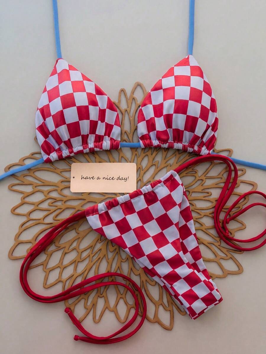 Bộ bikini 2 mảnh kẻ caro gợi cảm buộc dây phía sau, thích hợp cho mùa xuân/hè, đi biển, biểu diễn sân khấu, tiệc tùng và kỳ nghỉ. - Đỏ và trắng - Xem 1