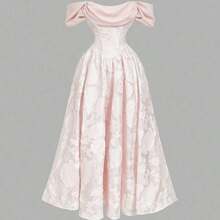 MOD Apricot Open Shoulder Mid-Length Dress, Ball Gown, Prom Dress White.Ivory Off-Shoulder Jacquard Maxi Dress, Vintage Princess Style, Wedding Guest Dress, Bridal Gown, Party, Evening, Banquet, Formal, Textured Fabric, Ball Gown, Ruched Bodice, A-Line Silhouette, Elegant, Romantic, Classic, Soft Satin, Floor Length, Puff Sleeves, Fairytale, Ceremony, Reception, Engagement, Anniversary, Dinner, Flowy Skirt, Couture, Luxury, Occasion, Special Event, Prom, Timeless, Modern, Chic, Fashionable - Rosa Pálido - Ver 11