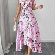 Women's Spring/Summer New Romantic Retro Palace Style Beach Vacation Atmosphere Outfit, Daily Gathering, Date Party, Floral Print, Oblique Collar Ruffle Hem Irregular Hem Design, Long Pink Maxi Dress - Albaricoque - Ver 8