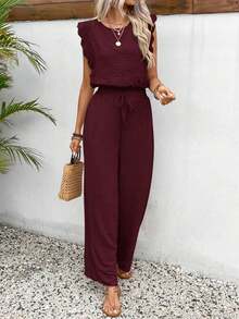 Conjunto de 2 piezas de blusa con ribete de encaje de unicolor y pantalones de pierna ancha para mujer, casual para vacaciones y viajes, primavera/verano - Burdeos - Ver 7