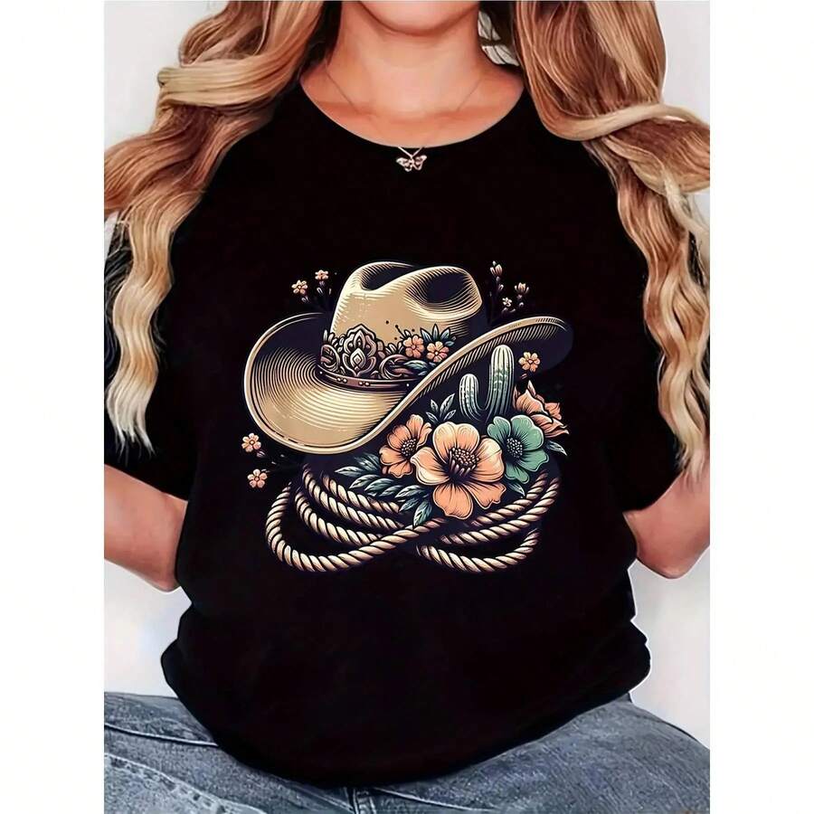 Camiseta de Mujer Retro con Estampado de Sombrero de Vaquero Floral - Camiseta Negra Estilo Occidental con Detalles de Cactus y Cuerda, Tejido Suave y Transpirable, Corte Cómodo de Manga Corta y Cuello Redondo, Lavable a Máquina, Camiseta Casual de Verano - Negro - Ver 1