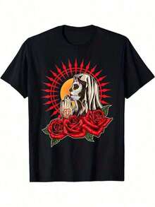 Camiseta de algodón con estampado de calavera mexicana para veranoCamiseta de algodón con estampado de calavera mexicana para veranoMen'S Praying La Calavera Catrina Sugar Skull Santa Muerte T-Shirt - Mexican Day Of The Dead Graphic Tee With Red Roses & Praying Woman Design, Short Sleeve Round Neck Casual Shirt For Día De Los Muertos Celebrations & Casual Attire - Negro - Ver 2