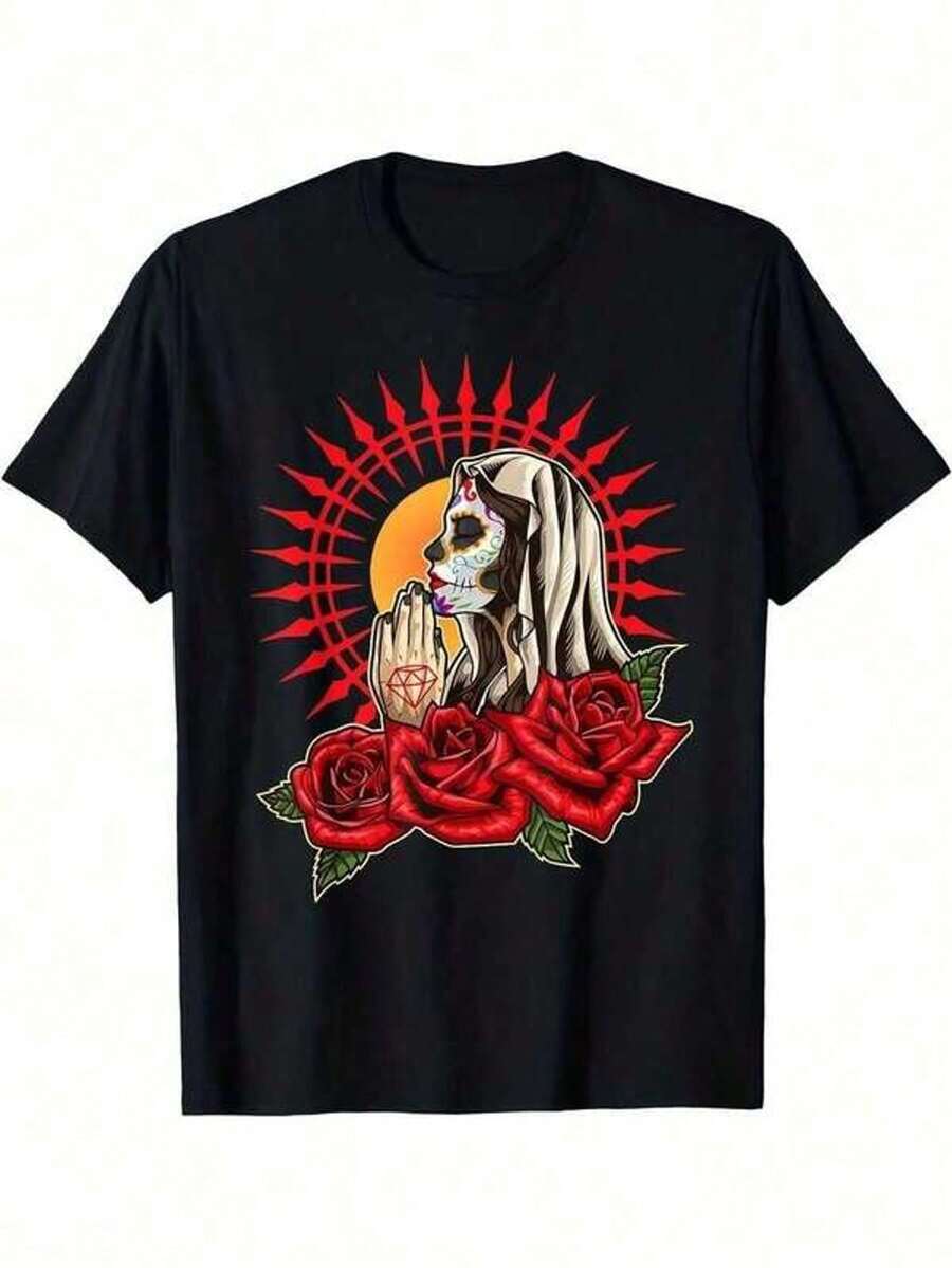 Camiseta de algodón con estampado de calavera mexicana para veranoCamiseta de algodón con estampado de calavera mexicana para veranoMen'S Praying La Calavera Catrina Sugar Skull Santa Muerte T-Shirt - Mexican Day Of The Dead Graphic Tee With Red Roses & Praying Woman Design, Short Sleeve Round Neck Casual Shirt For Día De Los Muertos Celebrations & Casual Attire